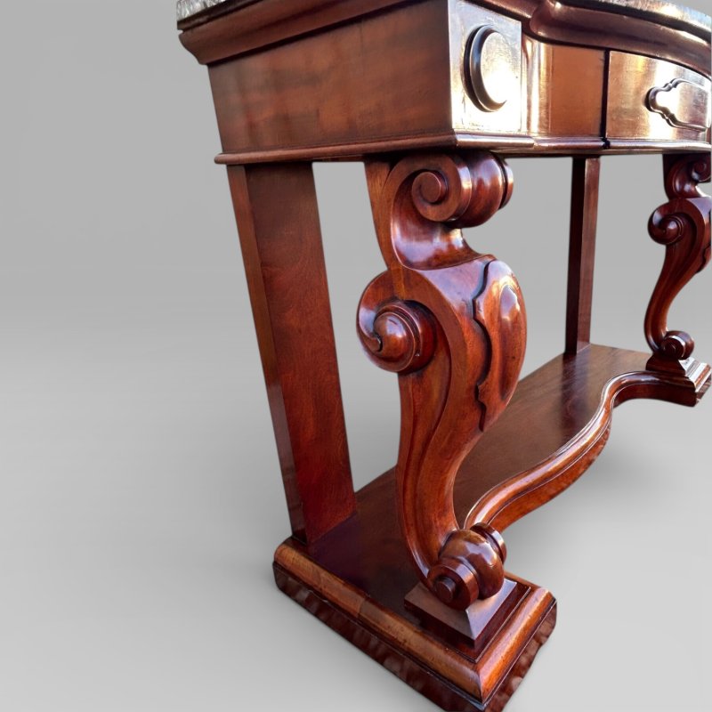 Antique Victorian Mahogany & Marble Topped Carved Console Wall Table With Drawer - Image 7